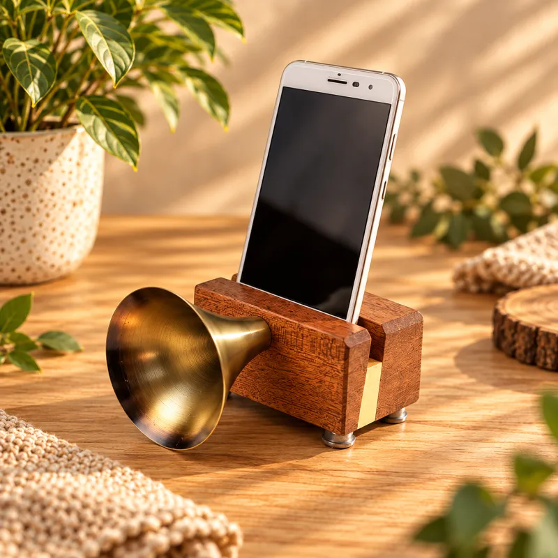 Handgemaakte Houten Telefoonhouder met Metalen Grammofoon