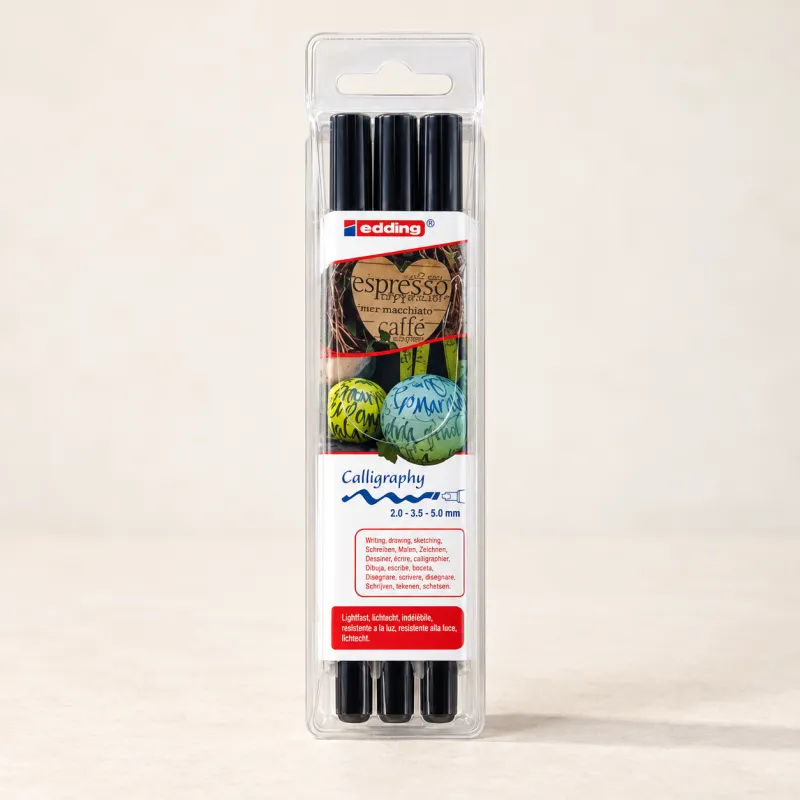 Edding 1255 Calligraphy Pen, Black, 3 Line Widths, Blister Pack of 3 pens